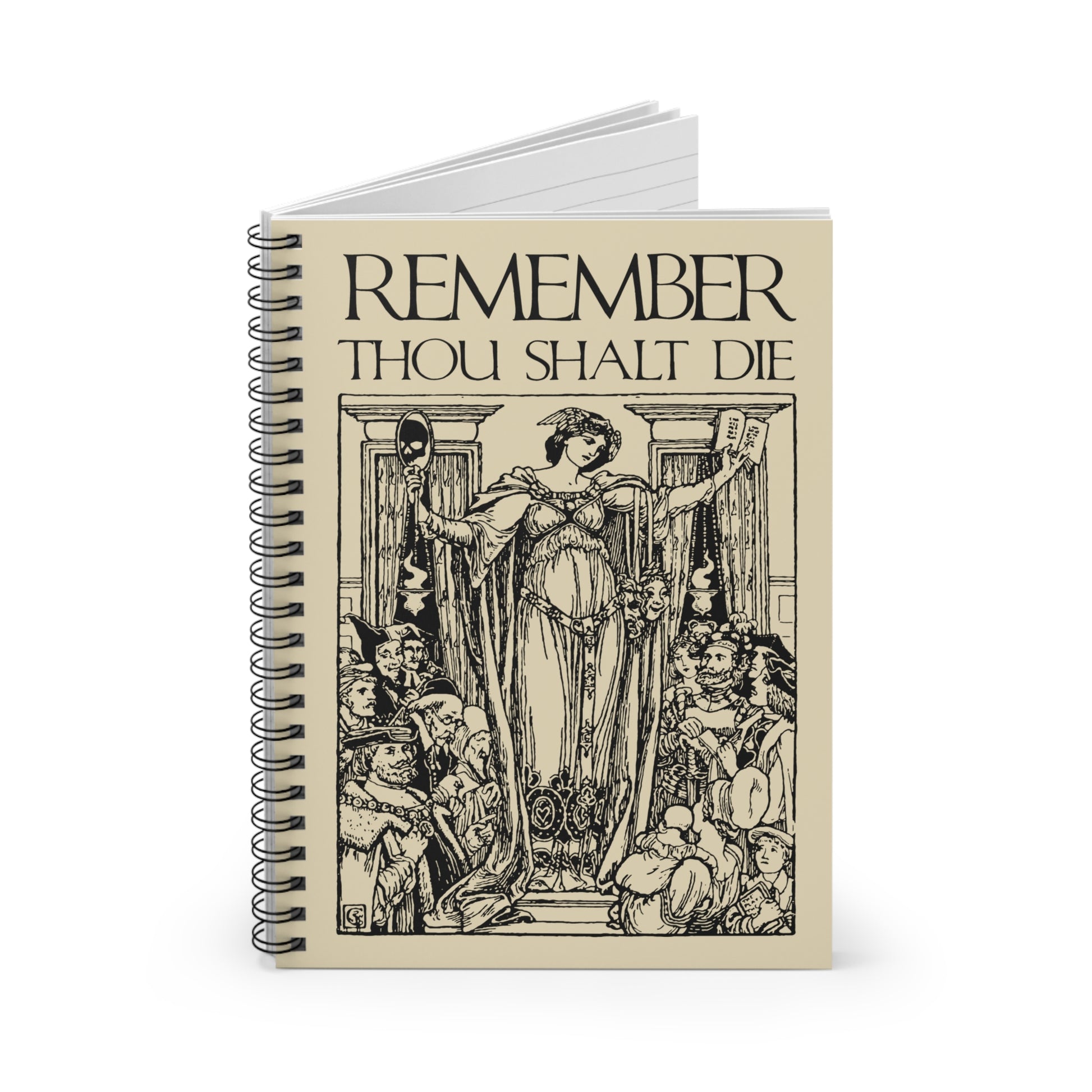 The "Remember You Will Die" spiral notebook features a classic woodcut illustration and Shakespearean design in a memento mori, Orthodox Christian aesthetic, perfect for thoughtful reflection on life's impermanence.
