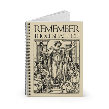 The "Remember You Will Die" spiral notebook features a classic woodcut illustration and Shakespearean design in a memento mori, Orthodox Christian aesthetic, perfect for thoughtful reflection on life's impermanence.