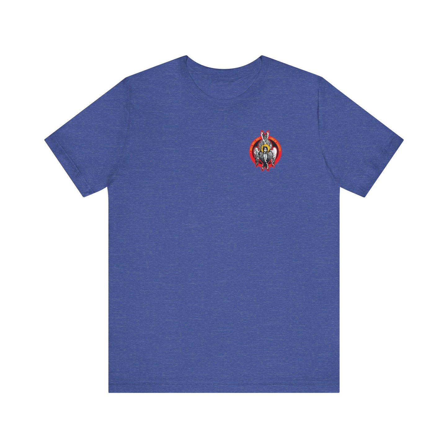 Heather True Royal t-shirt featuring a small, circular, colorful seraphim angel icono-graphic on the left chest. Lightweight cotton unisex fit. Holy Holy Holy Seraphim Angel Divine Council design.