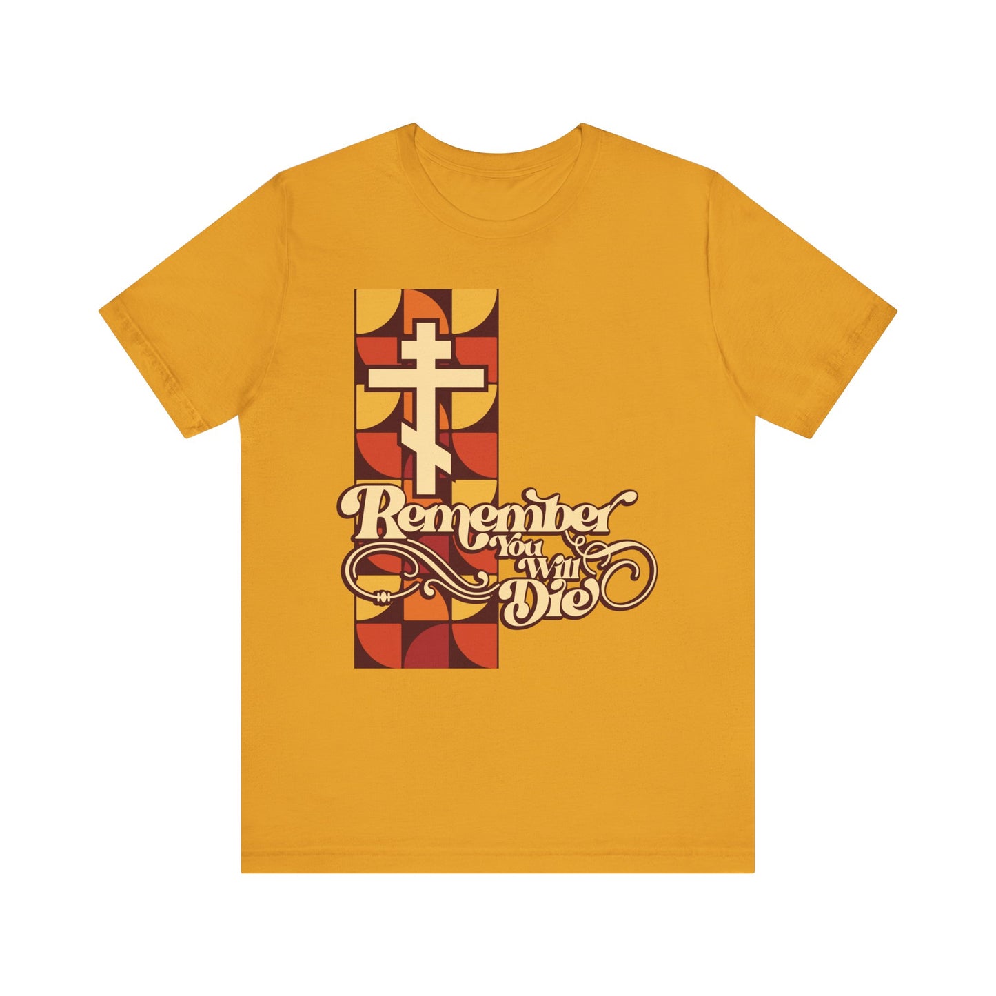 Mustard yellow "Remember You Will Die" RYWD 70's Design tee, featuring a cross and geometric pattern in beige, red, and yellow—a lightweight Orthodox Christian unisex cotton shirt evoking the reflective spirit of Friday Vespers and inspired by Stichera for the Dead.