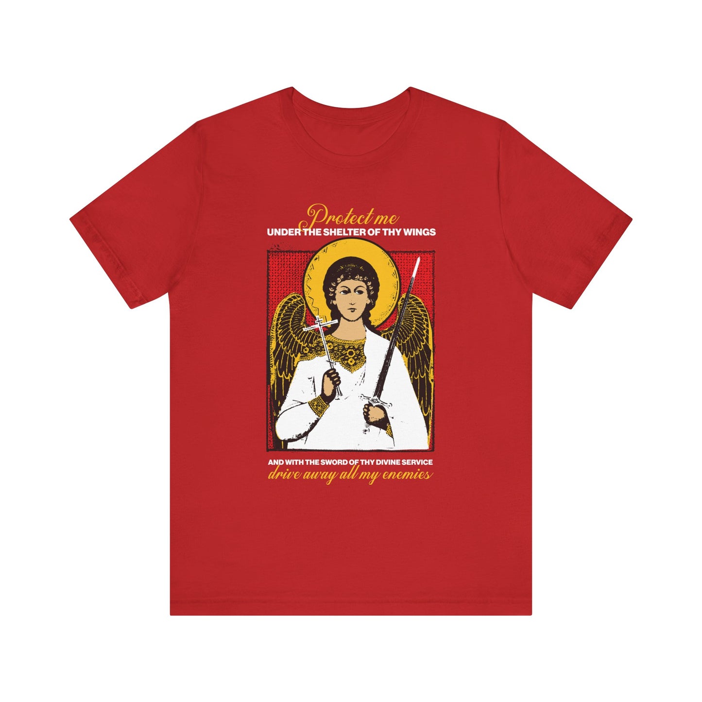 Red Holy Guardian Angel Holding Sword & Cross Icono-Graphic t-shirt with "Drive Away My Enemies" Protection Prayer. Lightweight cotton unisex design, symbolizing divine protection.