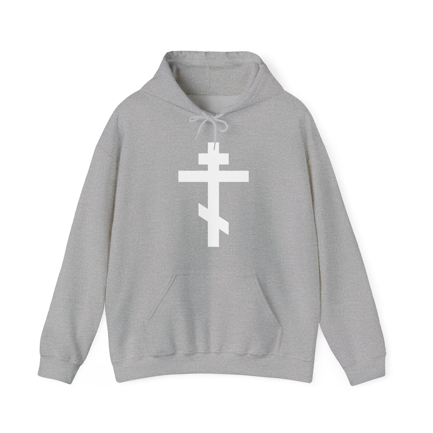 Sport Grey hoodie with a large white Orthodox cross on the front and Galatians 6:14: "May I never boast, except in the cross of our Lord Jesus Christ." Orthodox Christian design.