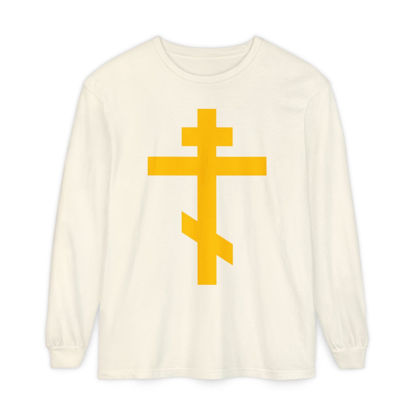 Ivory long-sleeve shirt with a large yellow Orthodox cross inspired by Galatians 2:20, featuring the message "Christ lives in me." Called "Precious and Life-Giving Weapon of Unseen Warfare | Scourge of Demons." Cotton, Christian apparel.