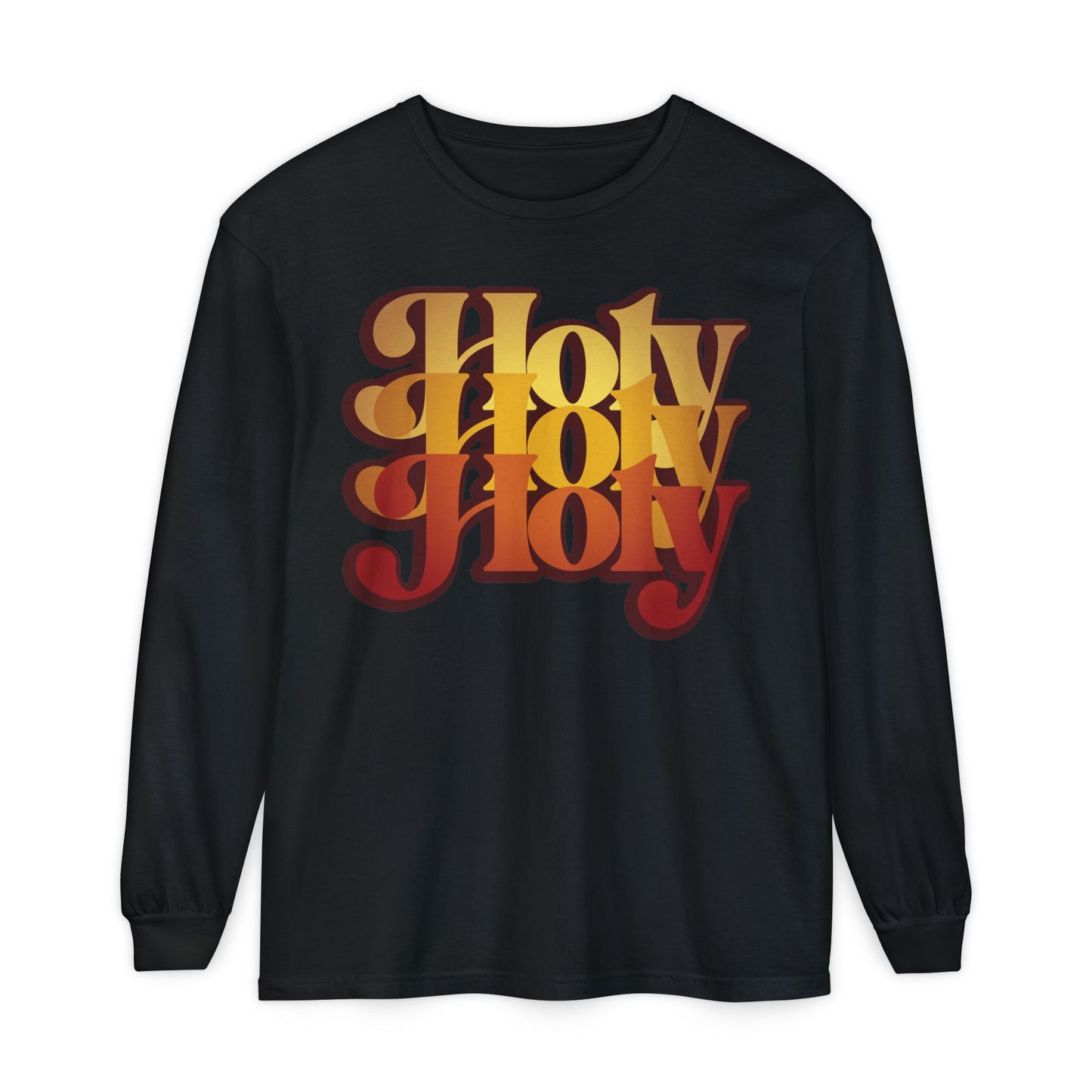 Black Holy Holy Holy Trisagion Liturgical Prayer long sleeve cotton shirt, featuring bold retro orange and yellow gradient text inspired by Isaiah 6:1-3. 70s style Orthodox design with Cherubim & Seraphim prayer.