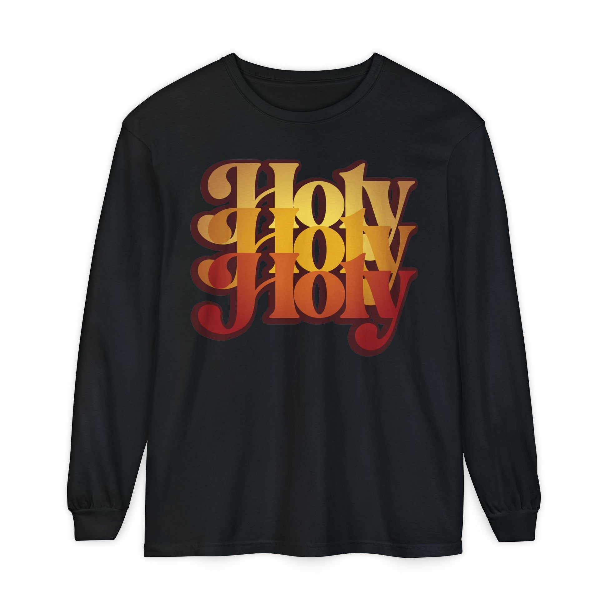 Black Holy Holy Holy Trisagion Liturgical Prayer long sleeve cotton shirt, featuring bold retro orange and yellow gradient text inspired by Isaiah 6:1-3. 70s style Orthodox design with Cherubim & Seraphim prayer.