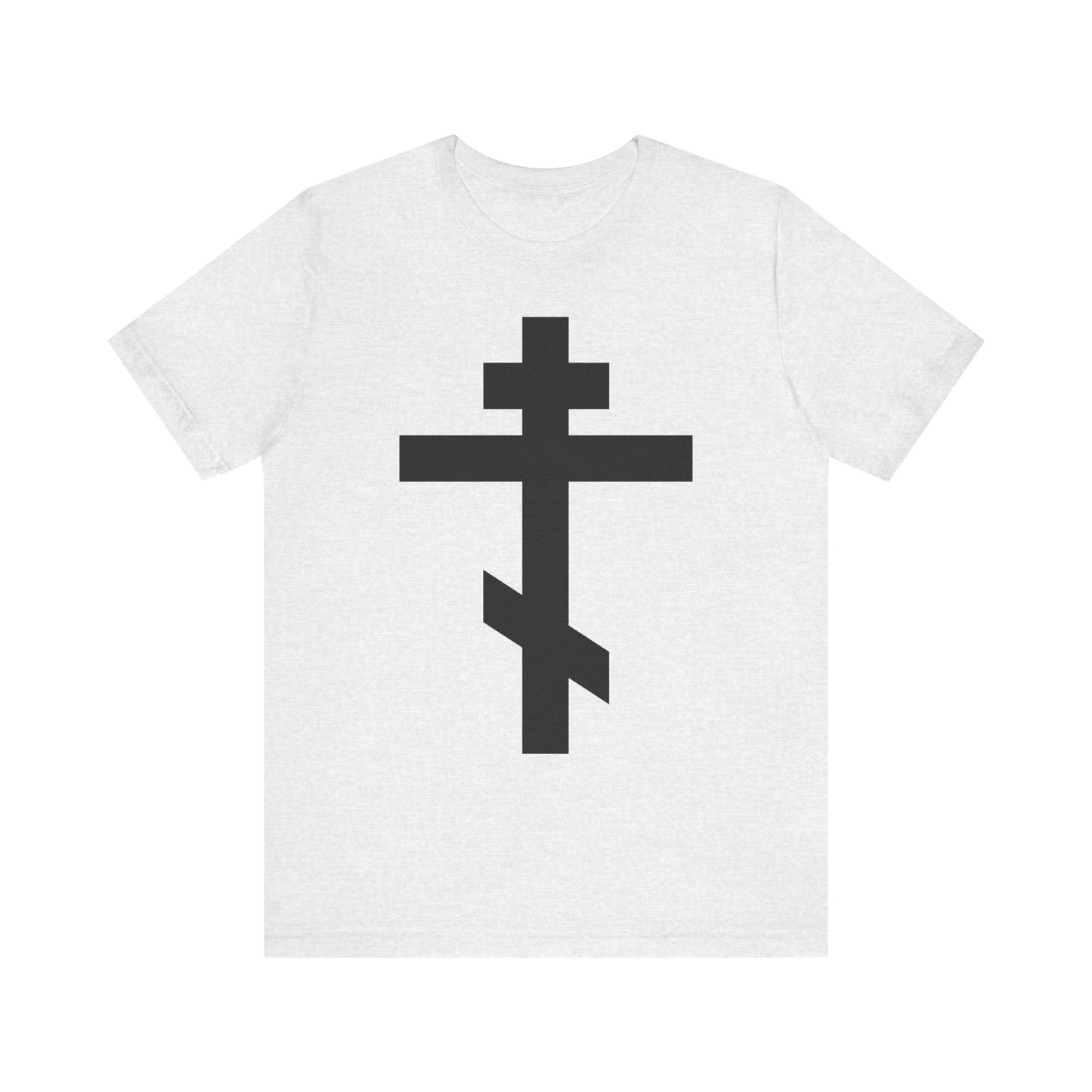 Ash lightweight cotton unisex tee featuring a large black Orthodox cross and the message “He bore our sins on the cross so that we might die to sin & live to righteousness.” Inspired by St John Chrysostom.