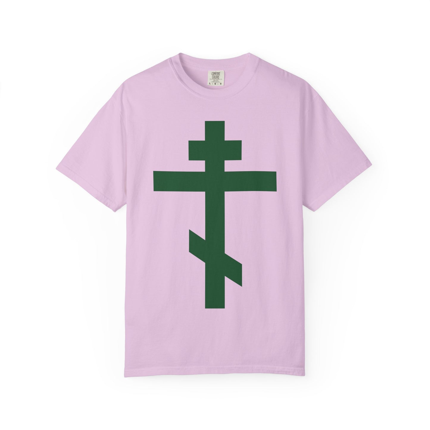 Orchid-colored heavyweight cotton unisex tee featuring a large forest green Orthodox tribar cross on the front, inspired by the Troparion of the Cross and St. John of Kronstadt. Product name: “Forest Green Orthodox Tribar Cross | Preserve Thy People By Thy Cross, O Lord | Christ is King.”.