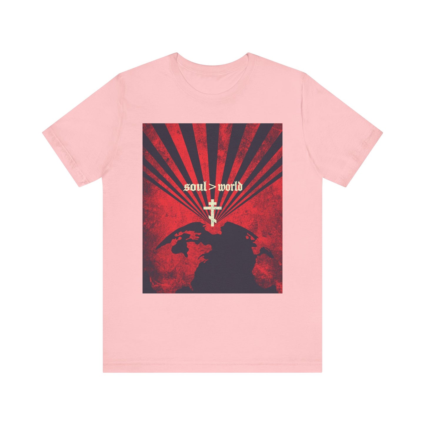 Embrace a bold statement of faith with the "What Shall it Profit a Man | Matthew 16:26 | Soul Is Greater Than World" lightweight cotton unisex tee in pink, featuring a striking red earth design, white cross, and the words "soul > world" in white—a reference to Jesus’ teaching about following him found in Matthew 16:24-27.