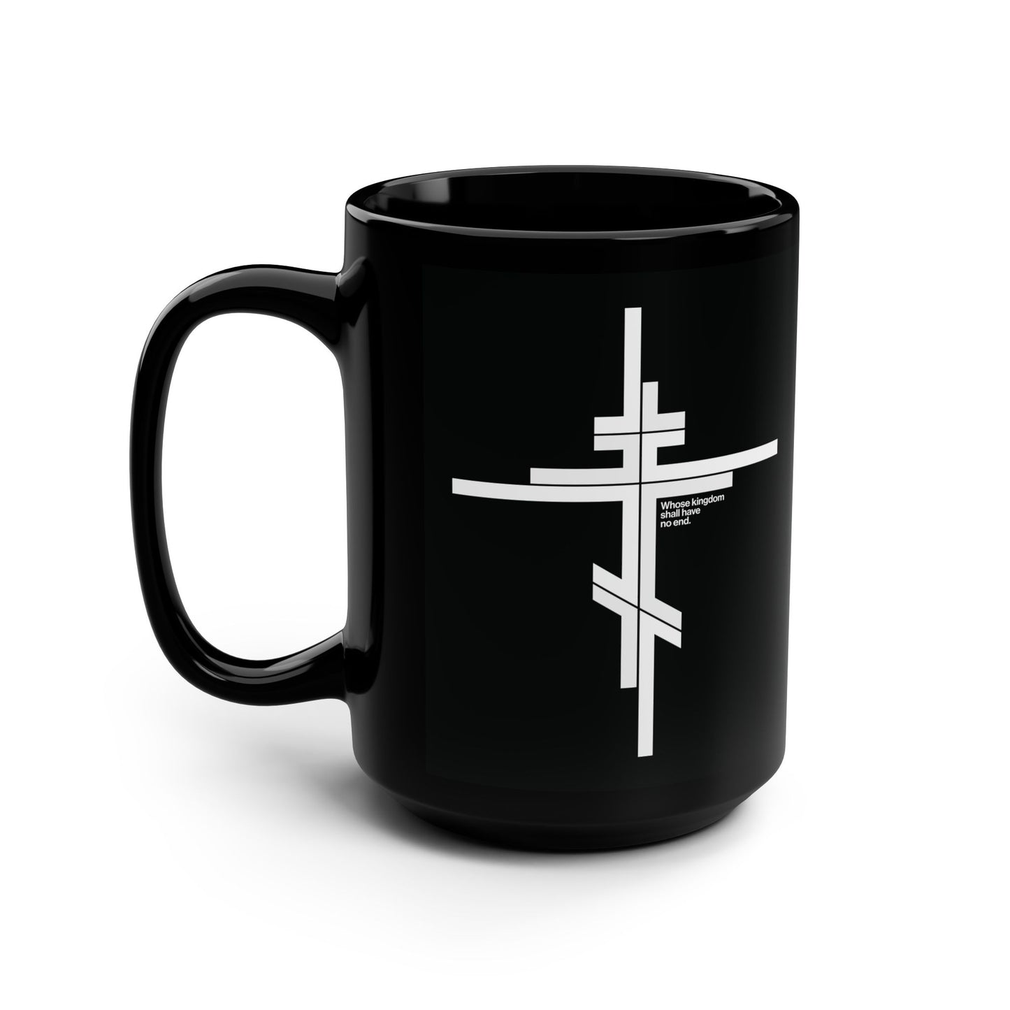 Black mug featuring a modernist minimalist Orthodox cross with "Whose Kingdom Shall Have No End" (Luke 1:32-33) in a logo style design—perfect for Orthodox Christians.