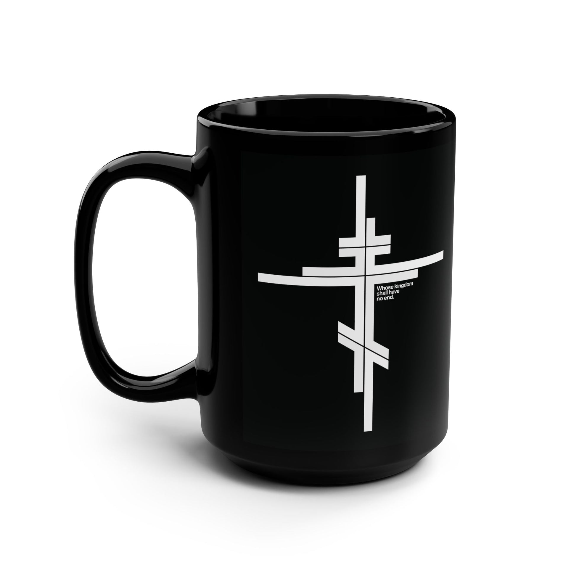 Black mug featuring a modernist minimalist Orthodox cross with "Whose Kingdom Shall Have No End" (Luke 1:32-33) in a logo style design—perfect for Orthodox Christians.