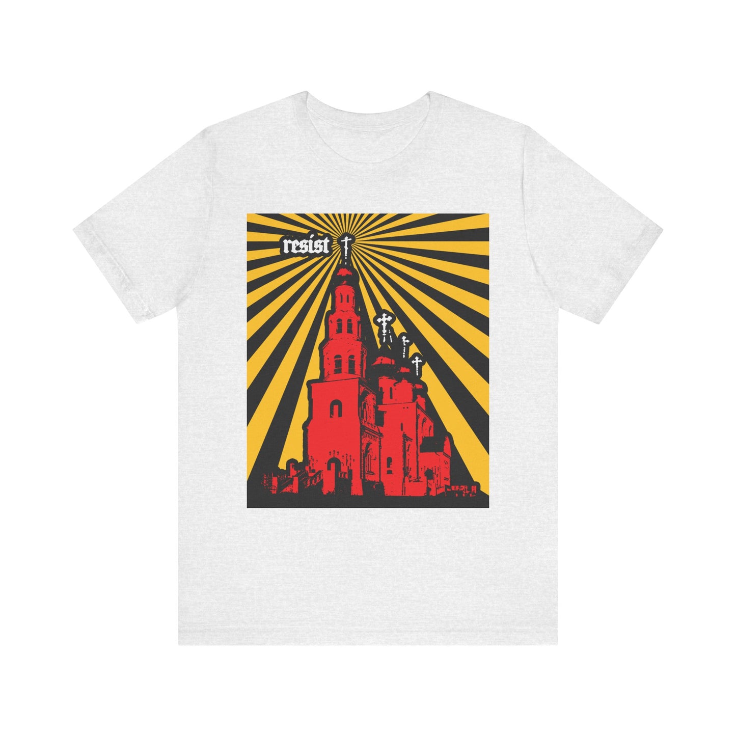 Ash lightweight cotton unisex tee featuring a red cathedral, yellow and black rays, and the word “resist” in white text at the top—a striking design inspired by St Ignatius Brianchaninov’s warnings against the spirit of the age. Product name: Resist (Orthodoxy Against the World) | The Orthodox Church is a Beacon for the World.