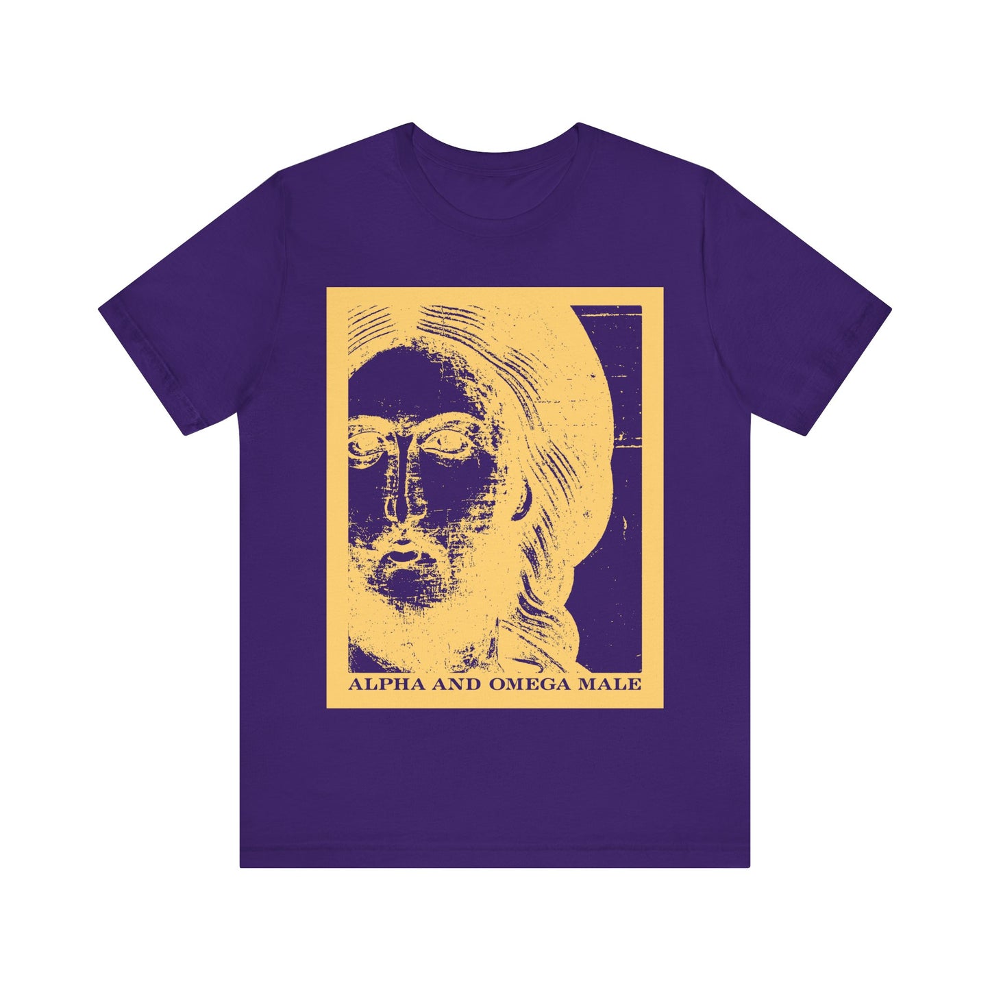 Team Purple unisex cotton tee featuring a yellow photonegative Jesus Christ icon graphic and "ALPHA AND OMEGA MALE" text, inspired by Revelation 22: "I am the Beginning & the End." Orthodox Christian design.