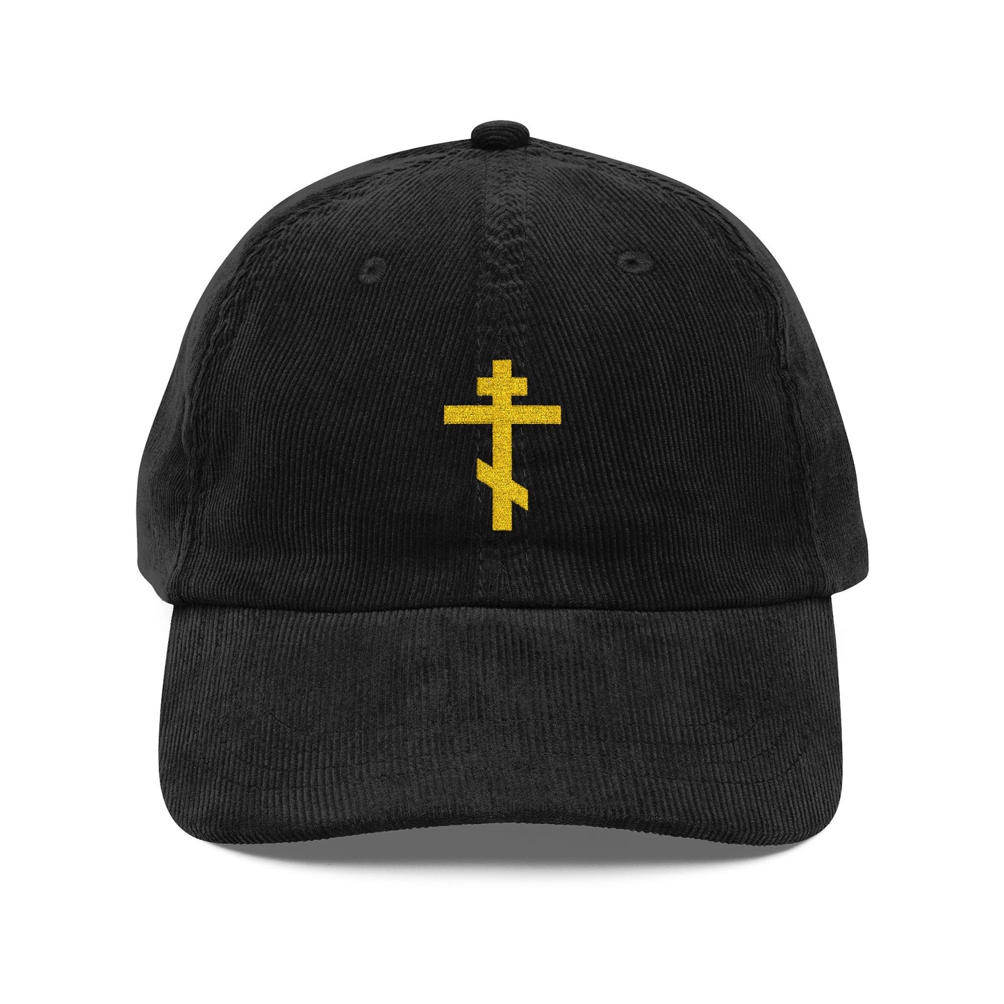 Black cotton corduroy cap with a yellow Orthodox TriBar Cross, symbolizing a weapon of unseen warfare that makes demons tremble, embroidered on the front.