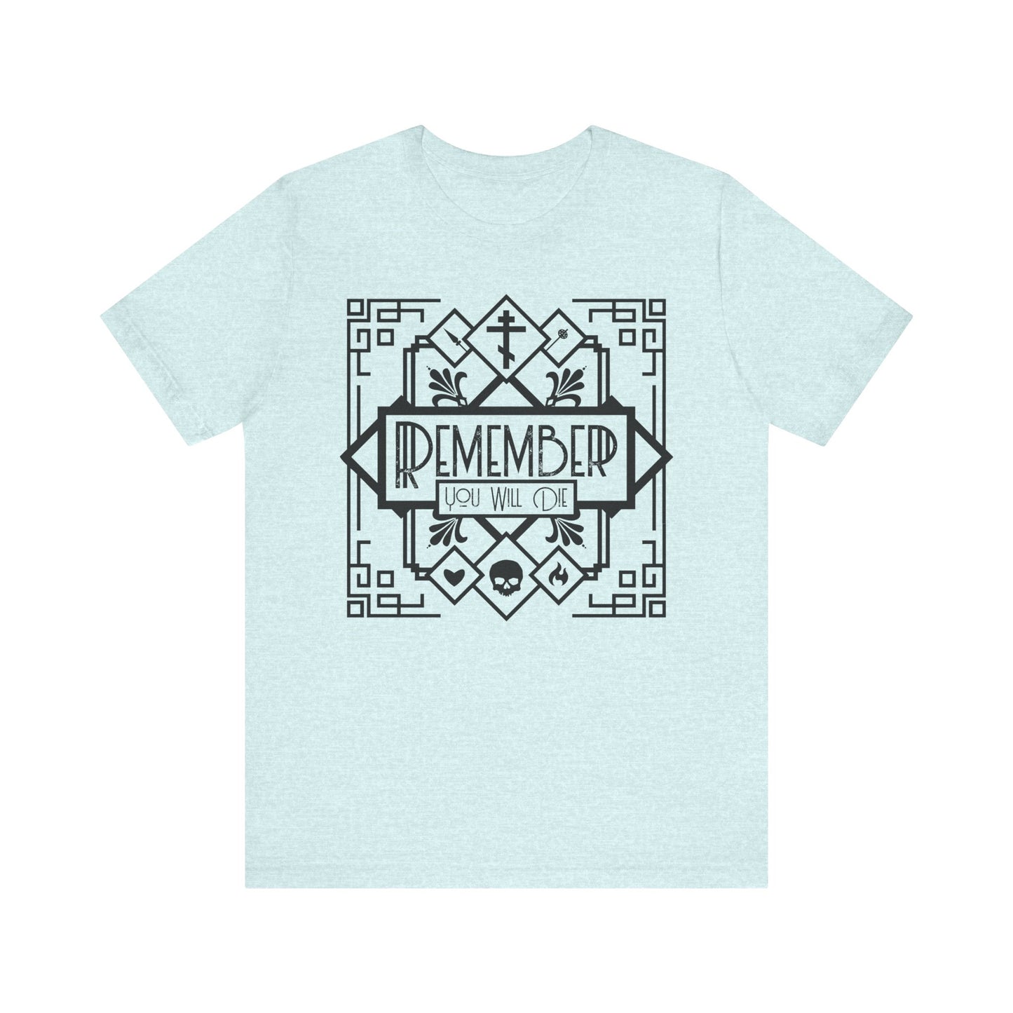 Heather Prism Ice Blue unisex tee featuring black and white line art—skull, heart, fire—with "Remember You Will Die" text; an Art Deco Memento Mori design inspired by Orthodox hymns and the crucifixion. Lightweight cotton.