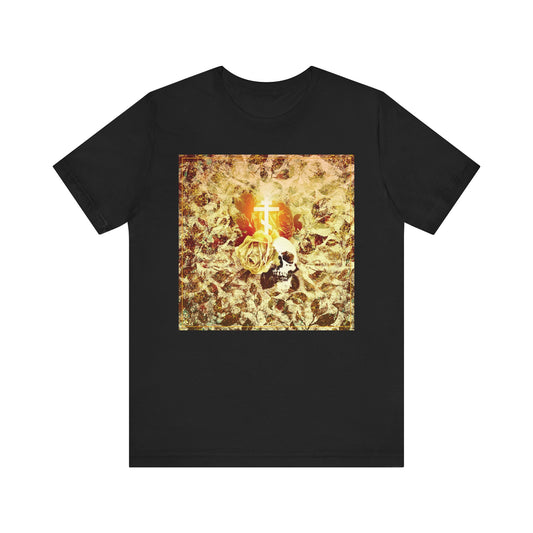 Black Rose & Skull Glowing Orthodox Cross tee—gothic Christian aesthetic with floral texture on lightweight cotton, featuring a square skull, rose, and cross design inspired by Ezekiel’s prophecy. Unisex style.