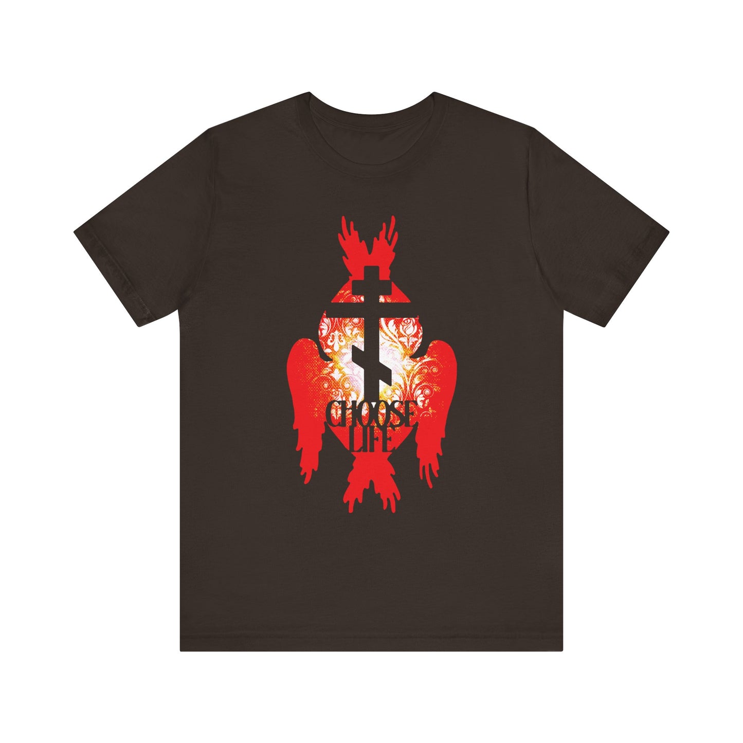 Brown t-shirt featuring an Orthodox cross, fiery seraphim angel wings, and CHOOSE LIFE text—symbolizing the narrow path to eternal joy. Lightweight unisex cotton tee.