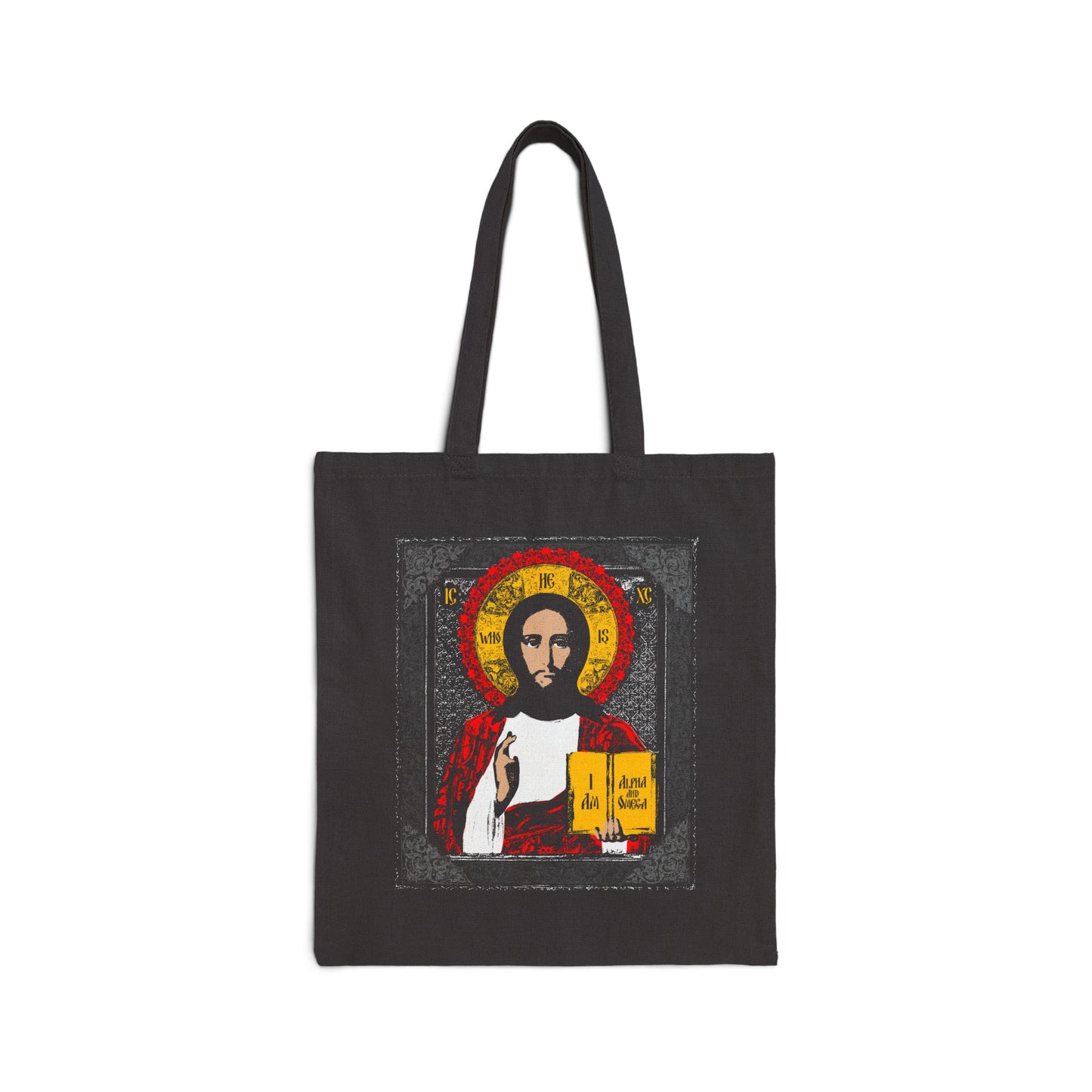 Black tote bag featuring the Christ Pantocrator Icono-Graphic with Greek text referencing "I Am the Alpha and Omega"—an ancient Orthodox Christian design inspired by Exodus 3:14.