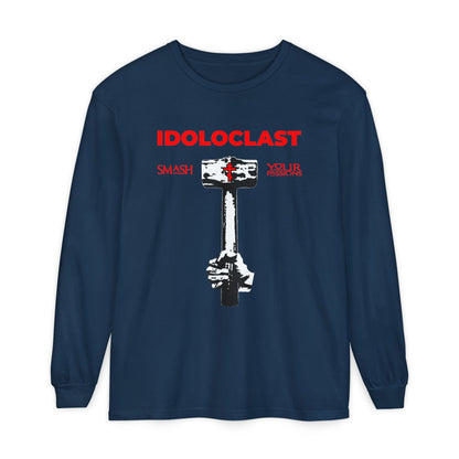 True Navy Idoloclast Idol-Smasher long sleeve features a Jesus fist holding a sledgehammer and “Smash Your Passions”—promoting Orthodox Christian asceticism and freedom from passions. ICXC NIKA design.