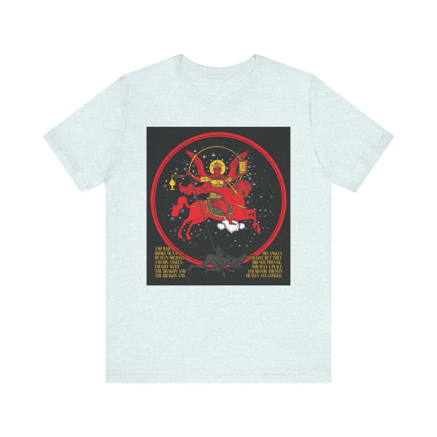 Heather Ice Blue lightweight cotton unisex t-shirt featuring a vivid Archangel Michael illustration with a red horse, bold red circle, and “Death is Swallowed Up In Victory”/Revelation 12:7-9 on double sides.
