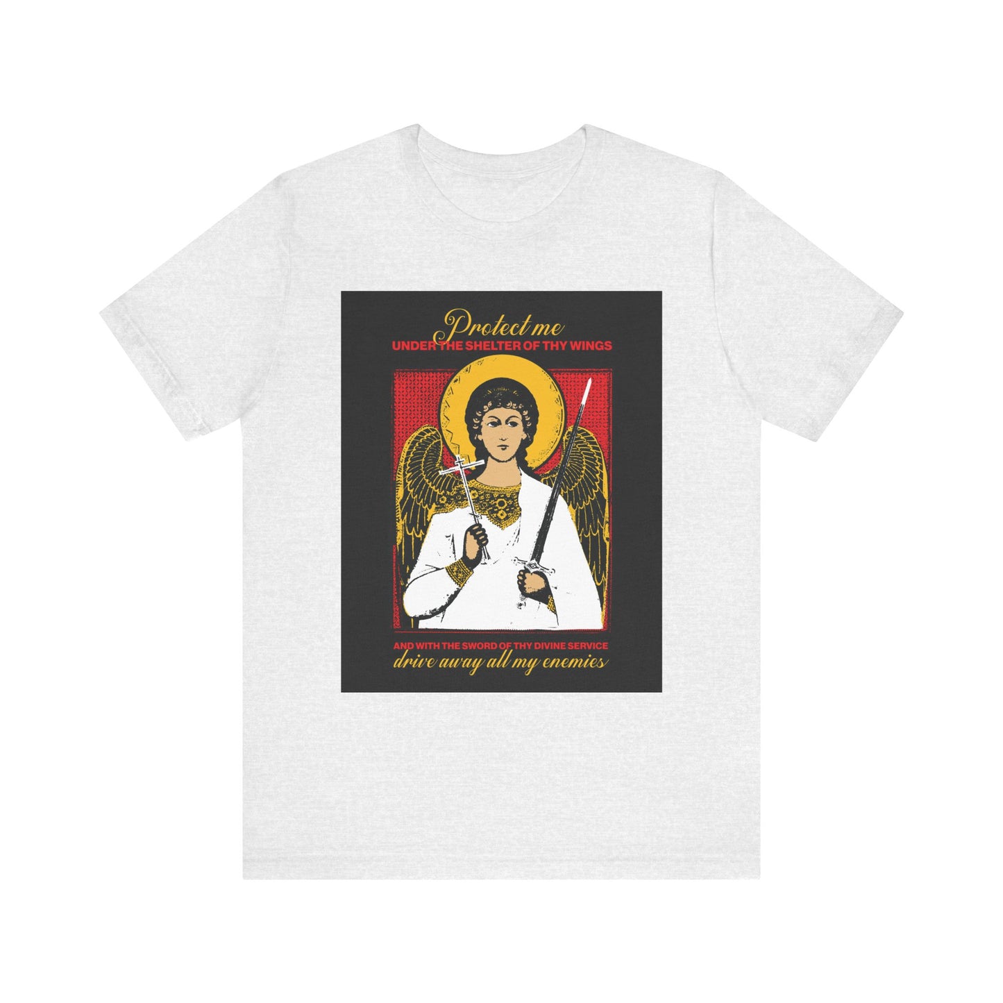 Ash unisex t-shirt features an icono-graphic of the Holy Guardian Angel holding a sword and cross, symbolizing protection, with a protection prayer and "Drive Away My Enemies" text above and below the image. Lightweight cotton.