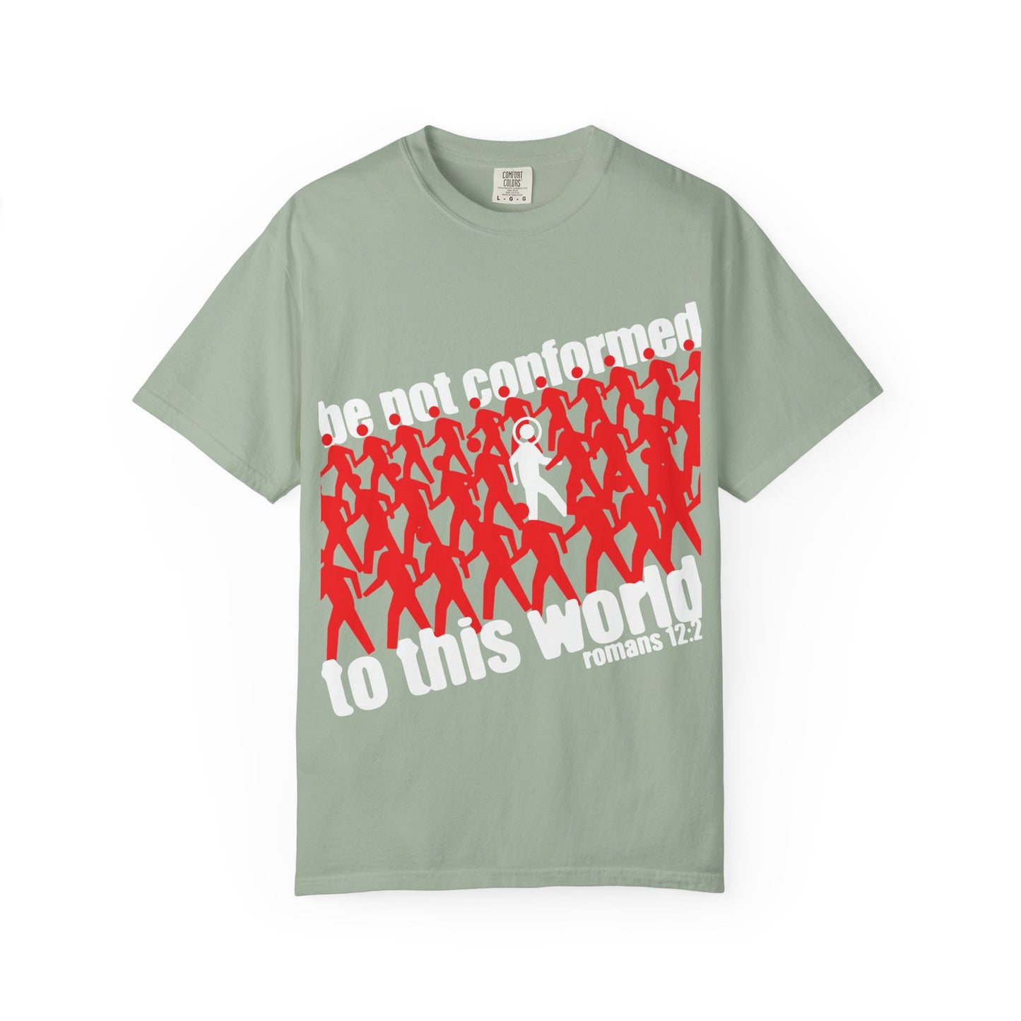 Bay-colored heavyweight cotton unisex tee featuring red silhouettes, a single white figure, and the text “be not conformed to this world” (Romans 12:2). The “Be Not Conformed to This World (Romans 12:2) | Reject the Modern World” design is inspired by Romans 12:1-2 and encourages renewing your mind and embracing a life of rational worship from an Orthodox Christian perspective.