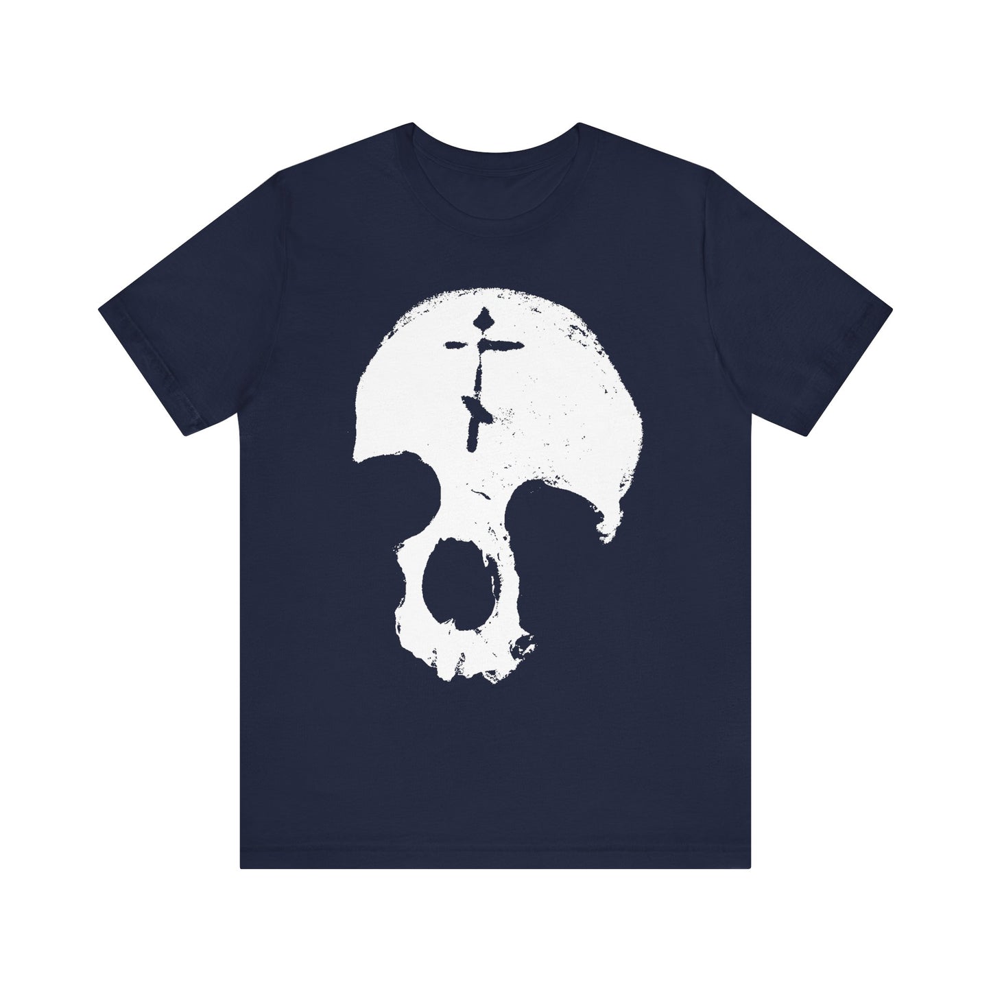 Navy "Skull With Orthodox Cross" lightweight cotton unisex tee, featuring a white graphic of an abstract skull with a cross on the forehead—a subtle nod to St. Ignatius Brianchaninov’s reflections on vainglory and the fleeting nature of human glory.