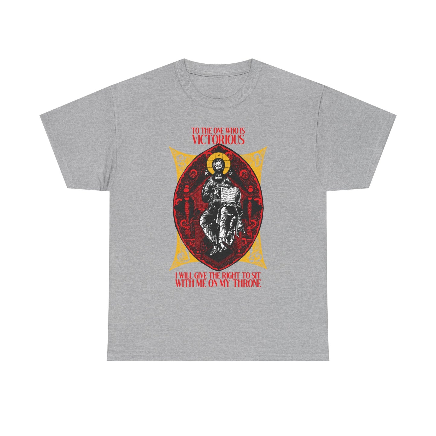 Sport Grey unisex tee featuring a red and black graphic of Christ enthroned with the text “To the One Who Is Victorious (Rev 3:21),” symbolizing the call to reign with Christ in glory. Orthodox Christian IconoGraphic.