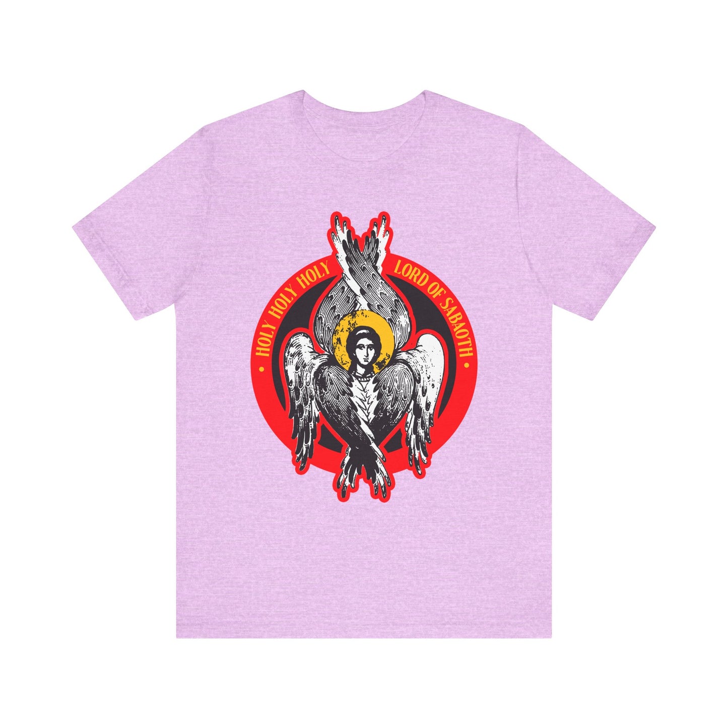 Heather Prism Lilac t-shirt featuring a seraphim angel icon and "Holy Holy Holy, Lord of Sabaoth" text, inspired by Isaiah 6 and the unseen realm. Lightweight cotton unisex tee.