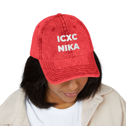 White ICXC NIKA Text Christogram | Orthodox Christian Symbol Meaning "Jesus Christ Conquers" | Christ is King | Denim Embroidered Cap
