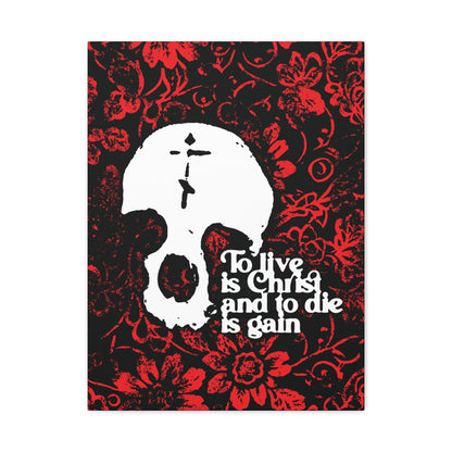 To Live is Christ To Die is Gain (Phil 1:21) | Skull with Cross on Red Floral Texture | Orthodox Christian Canvas Art