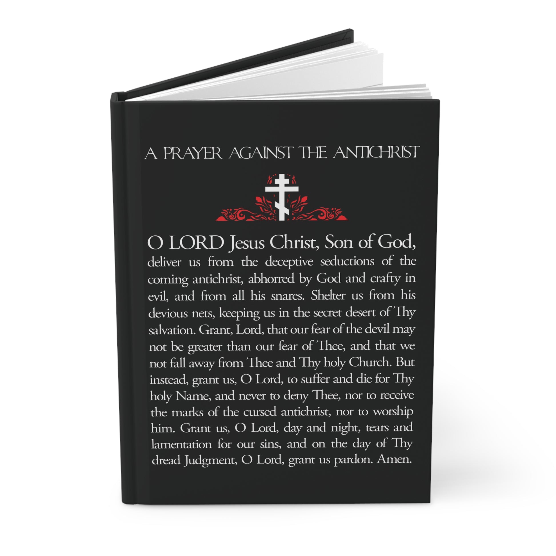 A black journal titled "Prayer Against the Antichrist By Elder Anatoly the Younger of Optina" features a white cross with red accents and presents an Orthodox Christian theme inspired by the Book of Revelation.