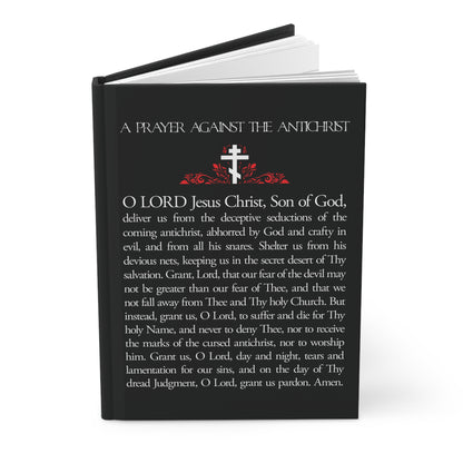 A black journal titled "Prayer Against the Antichrist By Elder Anatoly the Younger of Optina" features a white cross with red accents and presents an Orthodox Christian theme inspired by the Book of Revelation.
