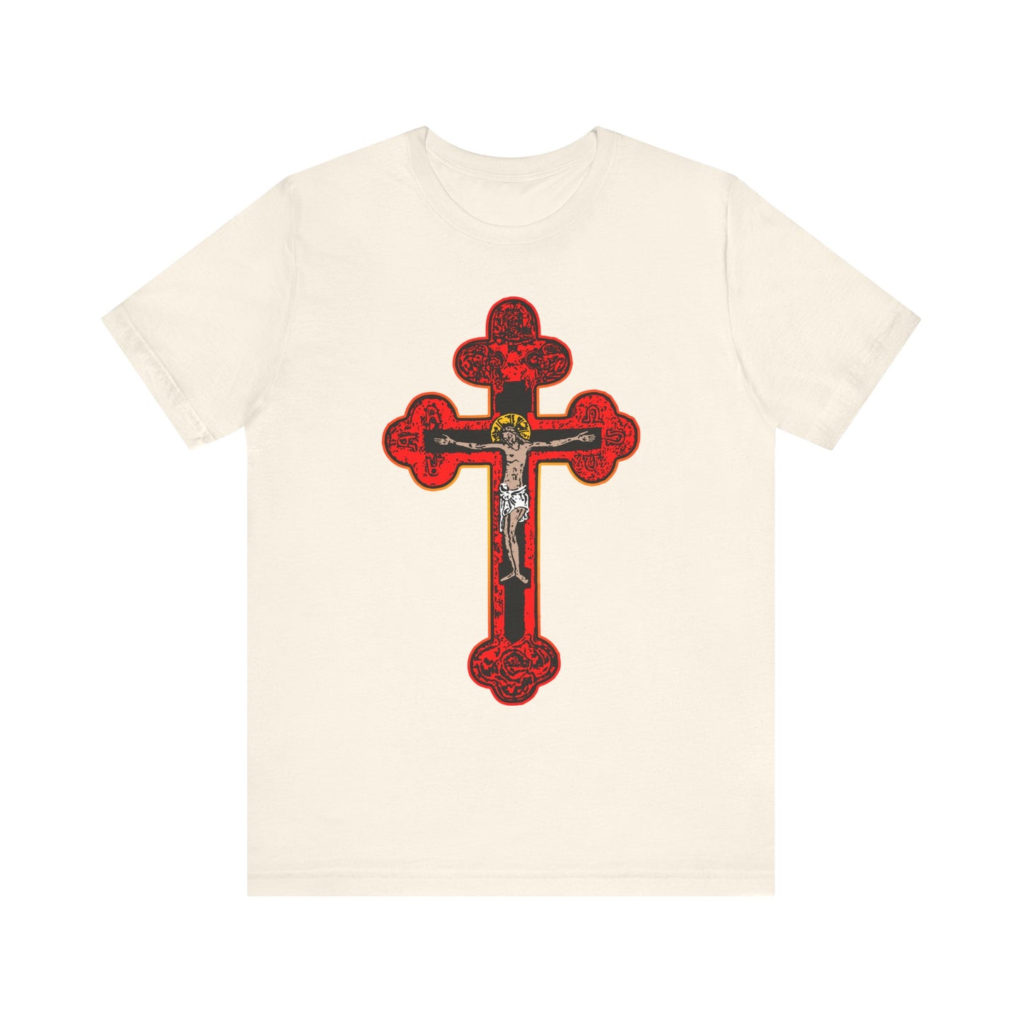 Natural color lightweight cotton unisex tee featuring a detailed red and black Byzantine Golgotha cross with crucifix, inspired by Orthodox Christian faith in the Son of God.