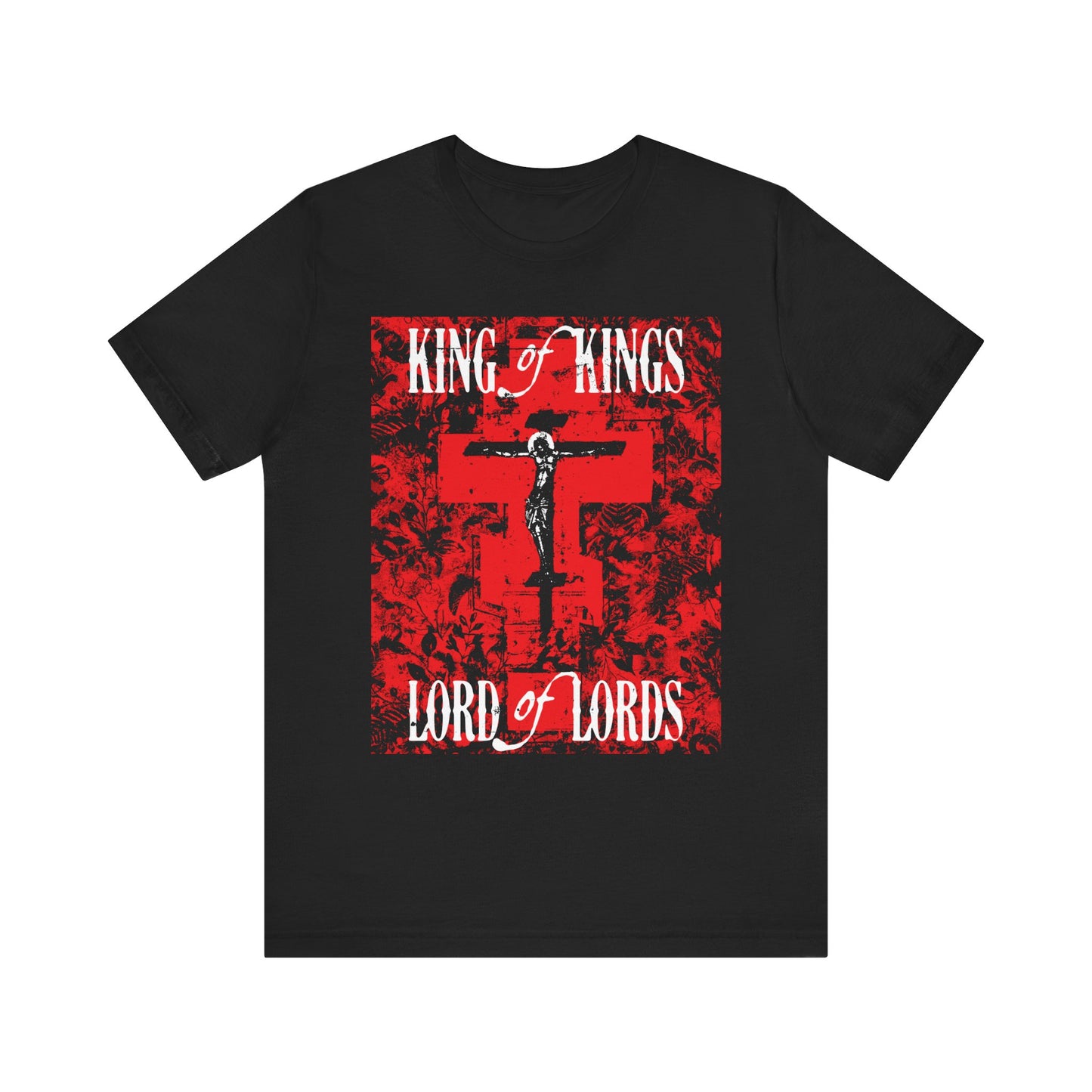 King of Kings, Lord of Lords | Christ Crucified Icono-Graphic | Red Cross Nature Texture w/ White Text | Lightweight Cotton Unisex Tee