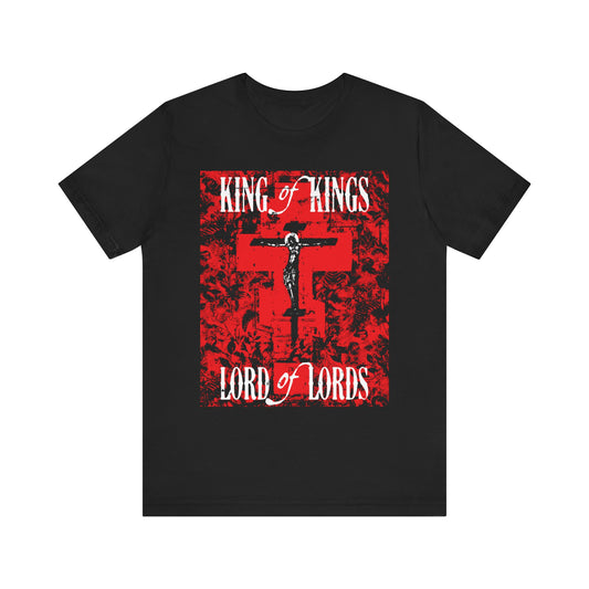 King of Kings, Lord of Lords | Christ Crucified Icono-Graphic | Red Cross Nature Texture w/ White Text | Lightweight Cotton Unisex Tee