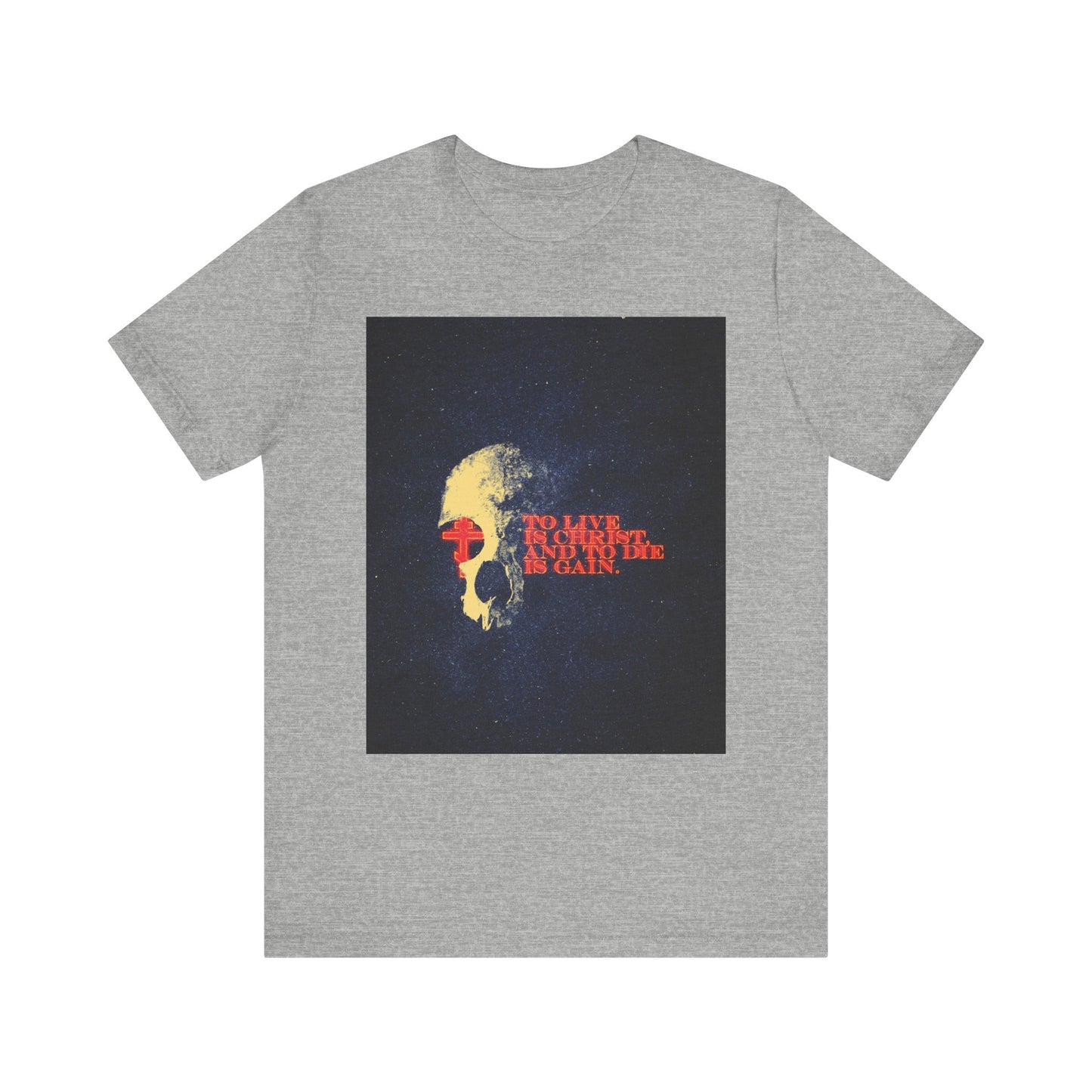 Athletic Heather "To Live is Christ and to Die is Gain" lightweight cotton unisex tee featuring a retro texture, glowing letters and cross with a skull design—drawing inspiration from Philippians 1:21 and themes in Epistles and Paul commentary.