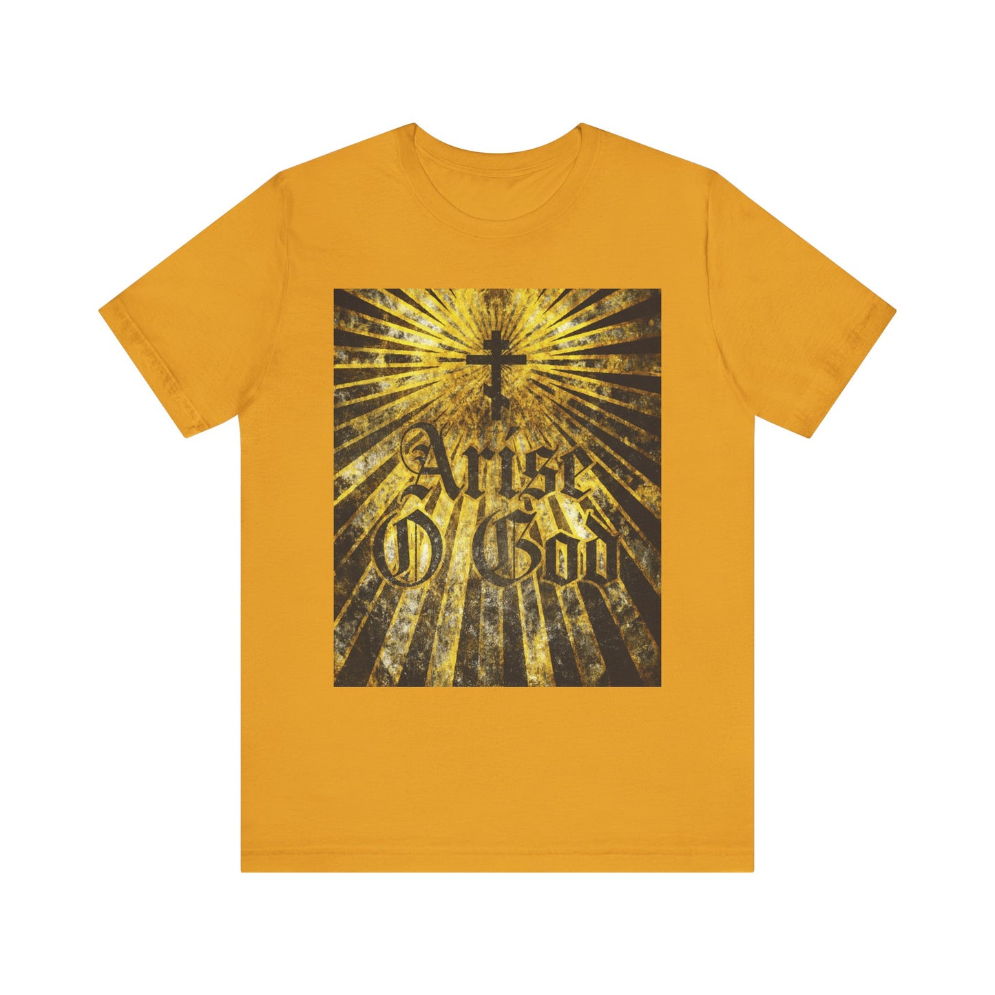 Mustard "Arise O God" unisex t-shirt features a textured Gothic font, Orthodox cross, and golden rays, inspired by Psalm 81 (82 LXX) and the Divine Council. Lightweight cotton for comfort.