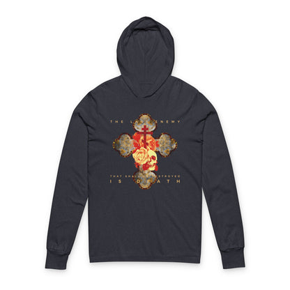 The Remembrance of Death “Final Enemy That Shall Be Destroyed Is Death (1 Cor 15:26)” hoodie features a black design with a metallic red and gold Gothic cross, skull, and rose, plus the text: “The last enemy that shall be destroyed is death.”.