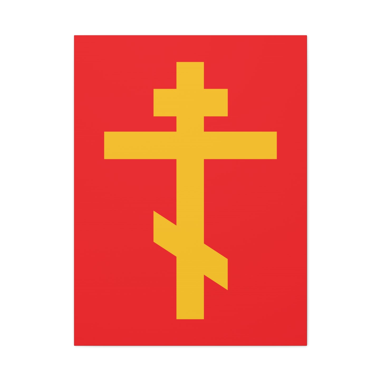 The "Yellow Orthodox Cross Red Background" canvas art symbolizes unseen warfare and the precious, life-giving weapon of faith—a scourge of demons and a reminder of spiritual victory.