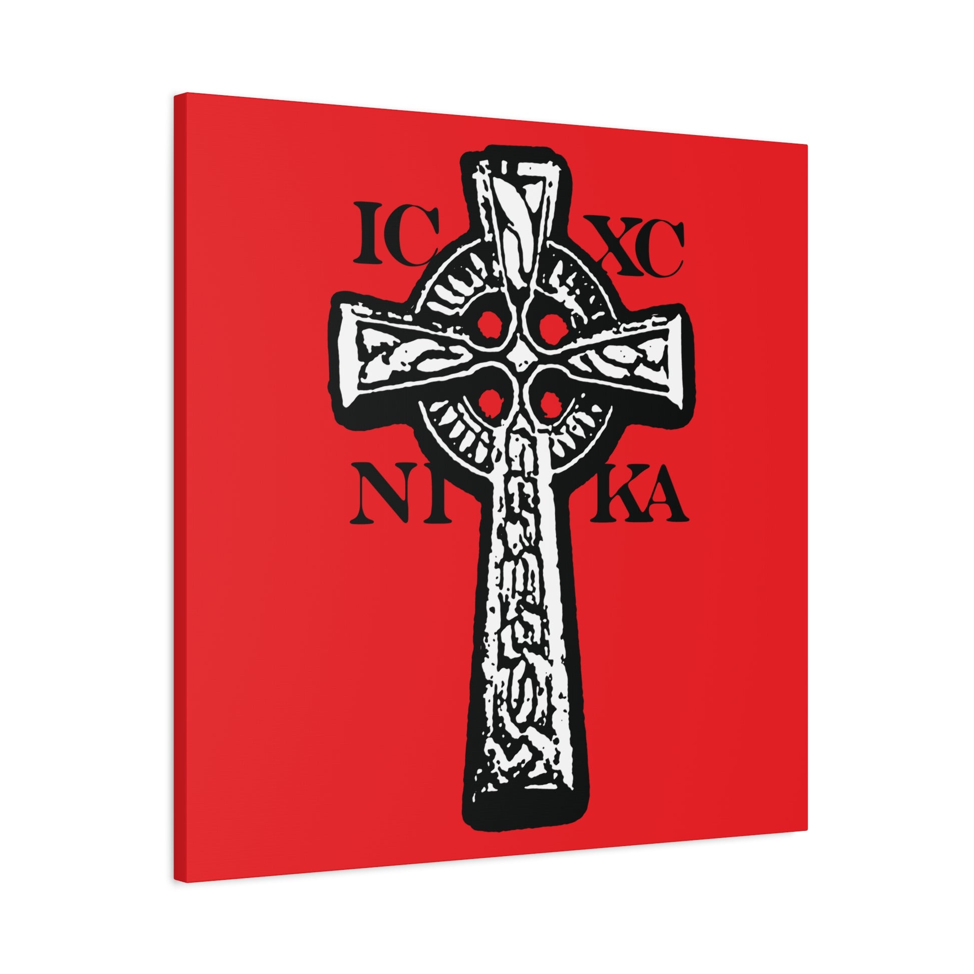 The ICXC NIKA Celtic Knotwork Cross features a bold black and white cross with Greek letters on a vivid red background—traditional Orthodox Christian wall art celebrating "Jesus Christ Conquers.