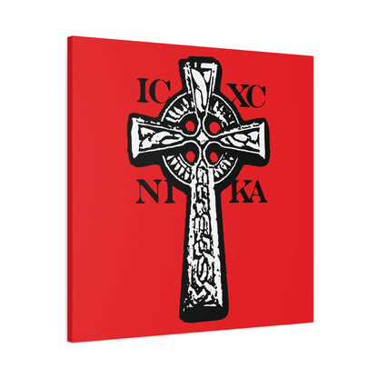 The ICXC NIKA Celtic Knotwork Cross features a bold black and white cross with Greek letters on a vivid red background—traditional Orthodox Christian wall art celebrating "Jesus Christ Conquers.