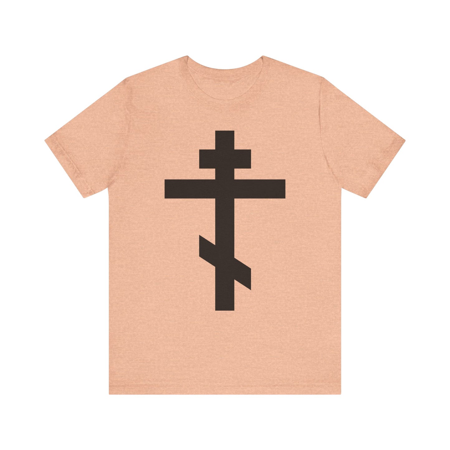 Heather peach unisex tee with a large black Orthodox cross and the message "He bore our sins on the cross so that we might die to sin & live to righteousness." Lightweight cotton.