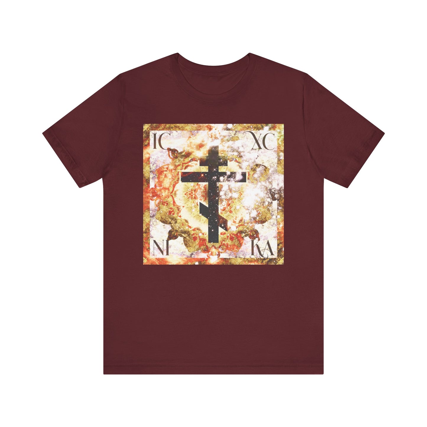 ICXC NIKA Beige & Brown Textured Glowing Cosmic Art Cross | Orthodox Christian Lightweight Cotton Unisex T-Shirt in maroon, featuring a square graphic of a glowing cosmic art Orthodox cross and IC XC NI KA in the corners—a classic design reflecting the union of Divine and human nature in faith.