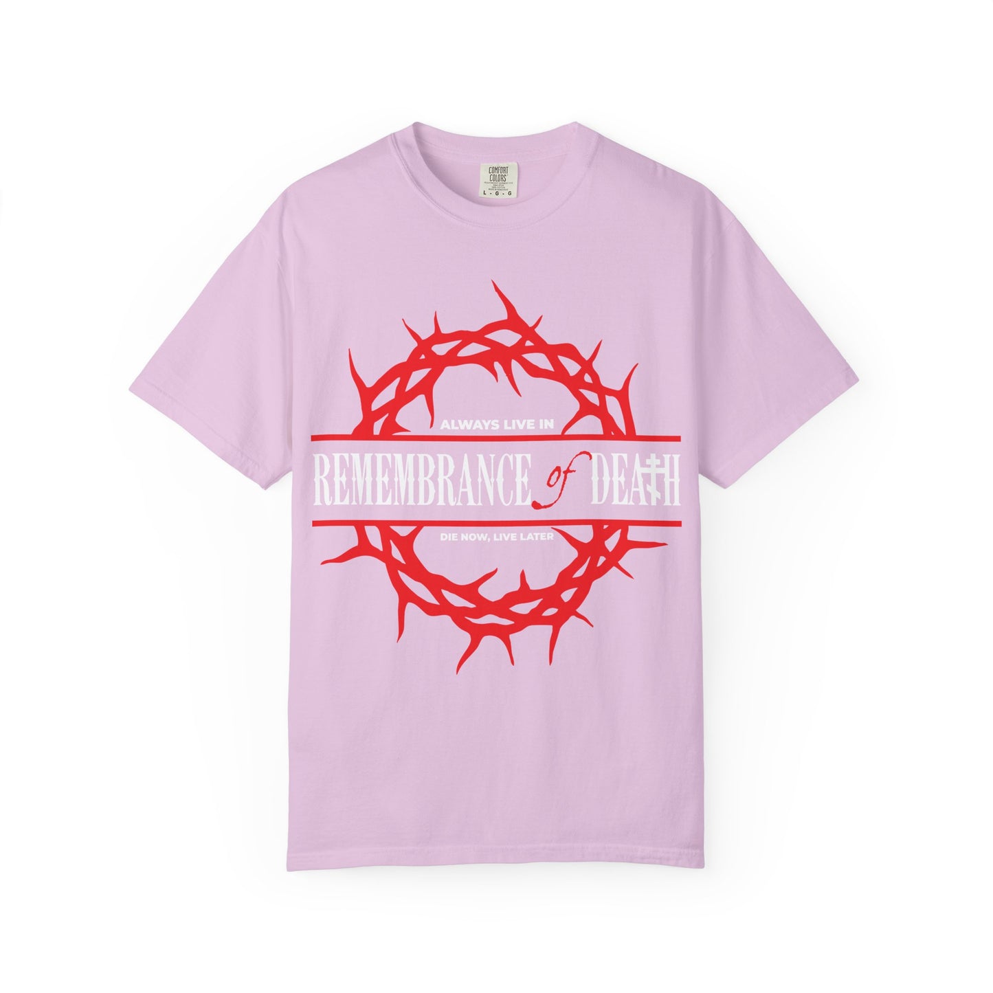 Orchid-colored heavyweight cotton t-shirt, titled “Always Live in Remembrance of Death,” featuring a red crown of thorns and the text “Remembrance of Death” in white and red—an ascetic Christian design inspired by St. John Climacus’ wisdom.