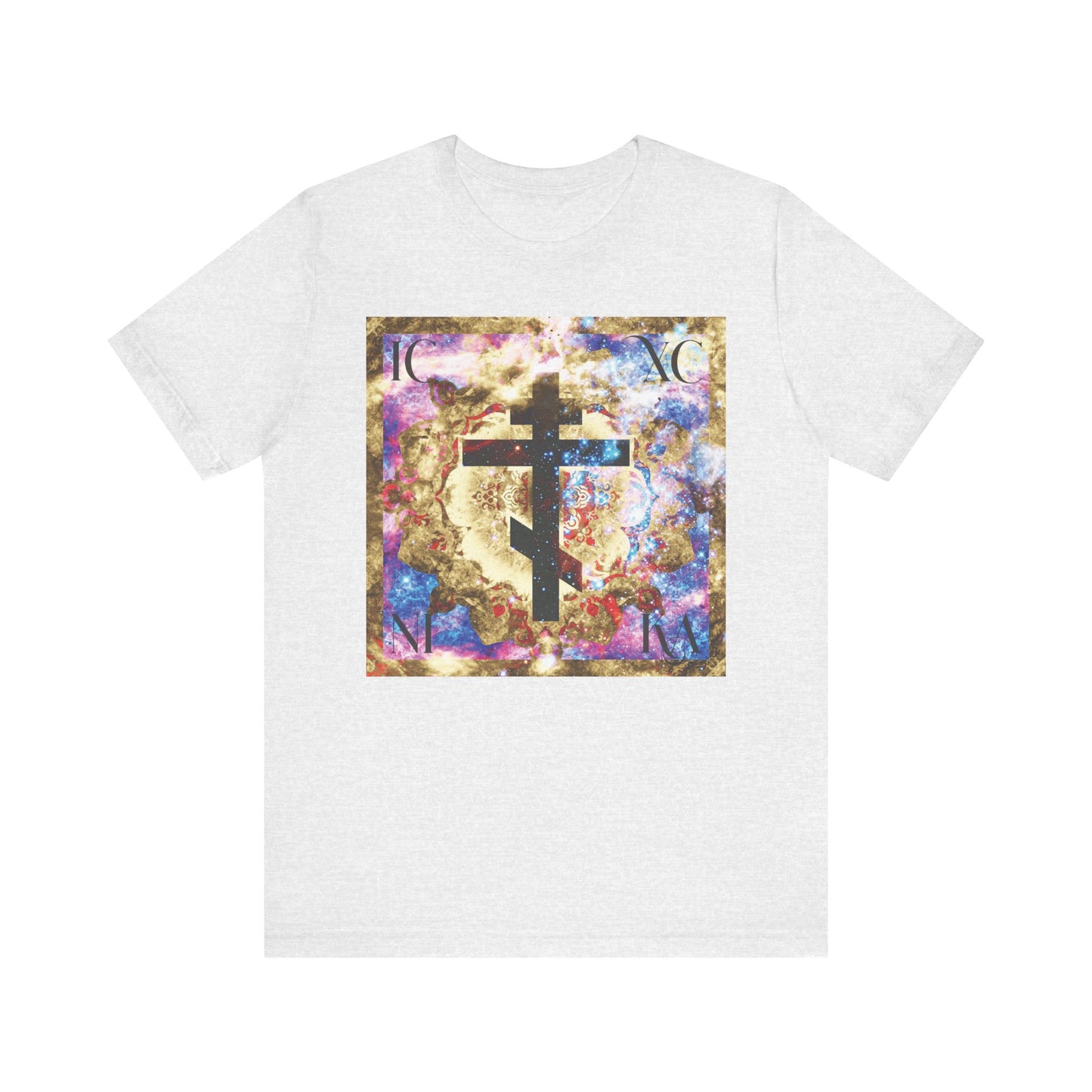 Show your faith with the ICXC NIKA Gold & Blue Colorful Cosmic Textured Cross T-shirt—a lightweight, unisex cotton shirt in ash, featuring a vibrant abstract border and a striking black Orthodox cross at the center. Inspired by the power of the Cross and St. John of Kronstadt’s enduring faith, this design symbolizes victory over evil.