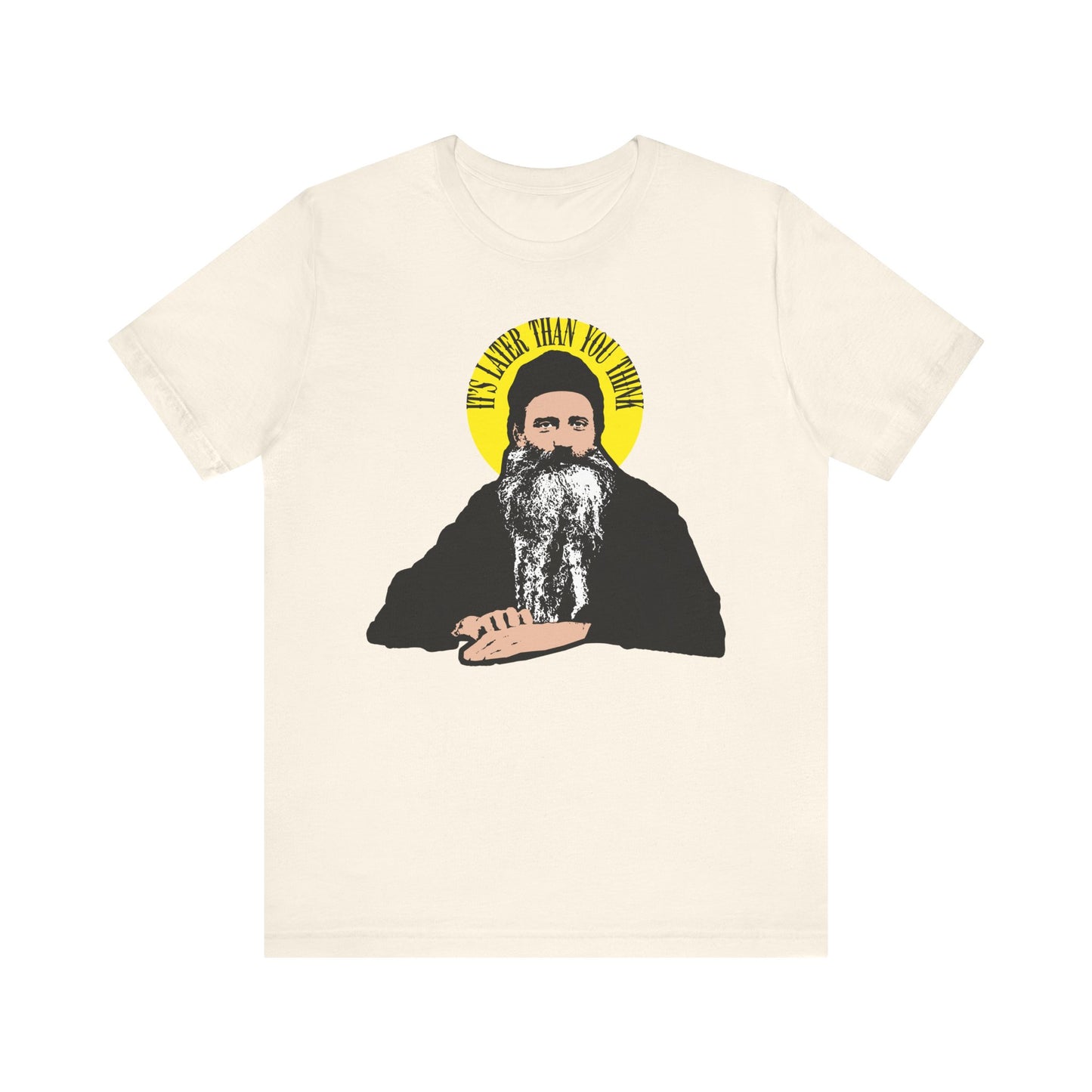 Show your faith in style with the “It’s Later Than You Think” St. Seraphim Rose Quote Tee, featuring a modern yellow halo design on a natural, lightweight cotton unisex shirt inspired by this American Orthodox saint.
