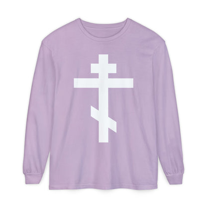 Lavender long sleeve featuring a large white Orthodox cross and Galatians 6:14: "May I never boast, except in the cross of our Lord Jesus Christ." Inspired by St. John of Kronstadt's message of salvation.