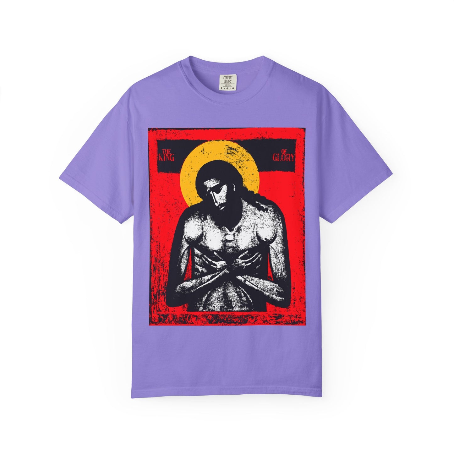 Violet heavyweight cotton unisex tee featuring "The King of Glory Jesus Christ 'Extreme Humility' IconoGraphic" artwork in red, yellow, white, and black—perfect for Christian devotion.