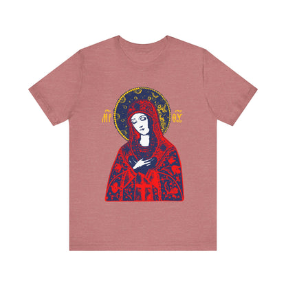 Heather Mauve "Joy of All Joys Tenderness Theotokos" t-shirt features traditional Orthodox iconography in a bright red design, depicting the Virgin Mary with a decorative gold halo.