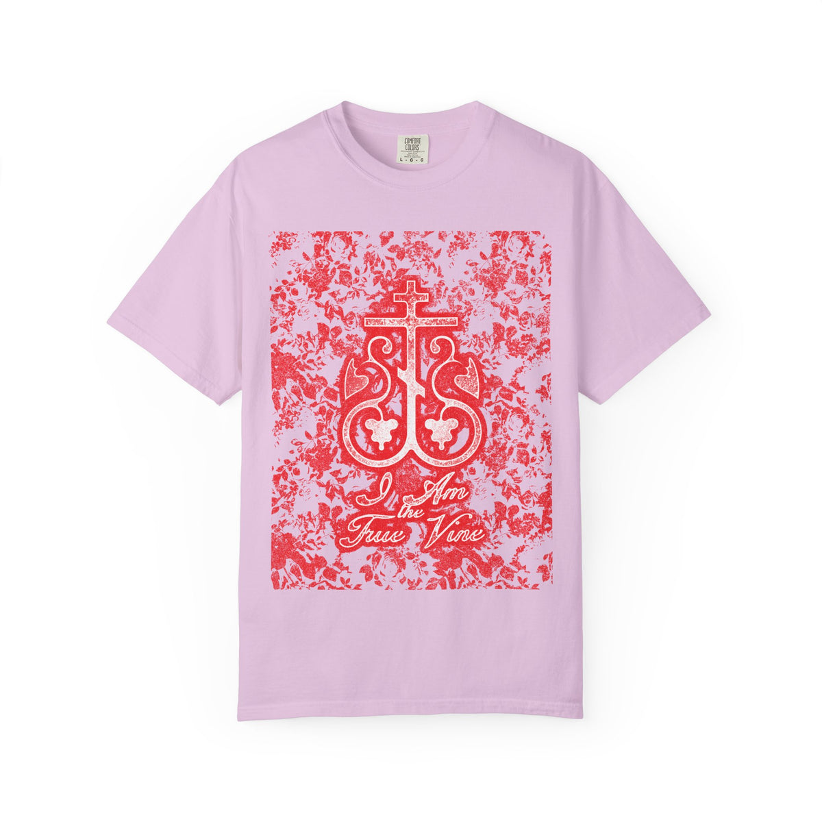 Orchid-colored “I Am the True Vine (John 15:1) | Orthodox Cross Vine Monogram” heavyweight cotton unisex tee, featuring a striking red and black floral design with ornate script—a faith-inspired shirt reminding you to stay rooted in Christ and bear fruit.